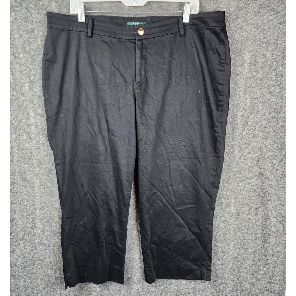 Lauren Ralph Lauren Cropped Pants Womens 16W Black Twill Mid Rise Gold Button